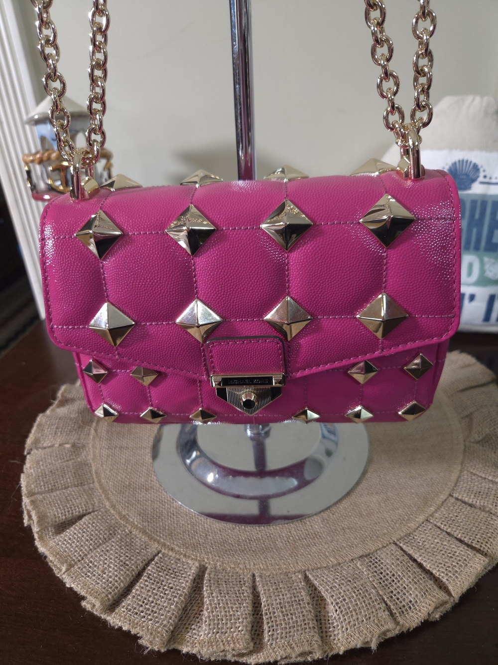 NWT Michael Kors Leather Soho Wild Berry Studded Quilted Crossbody